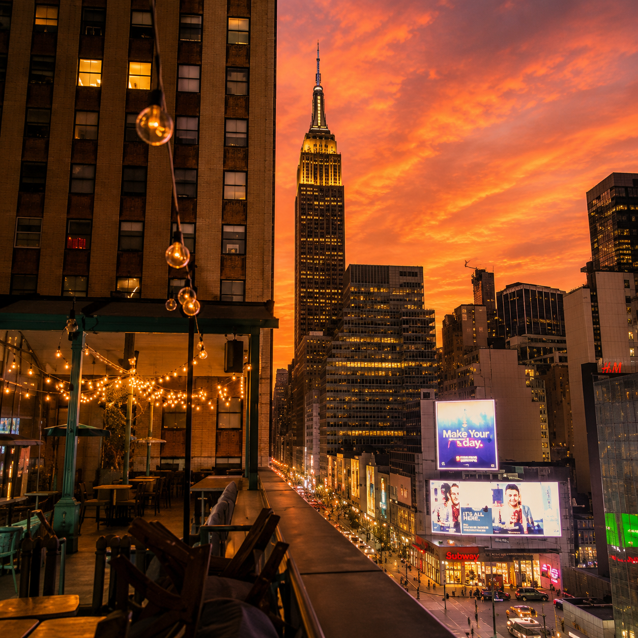 NYC rooftop at sunset with Empire State Building