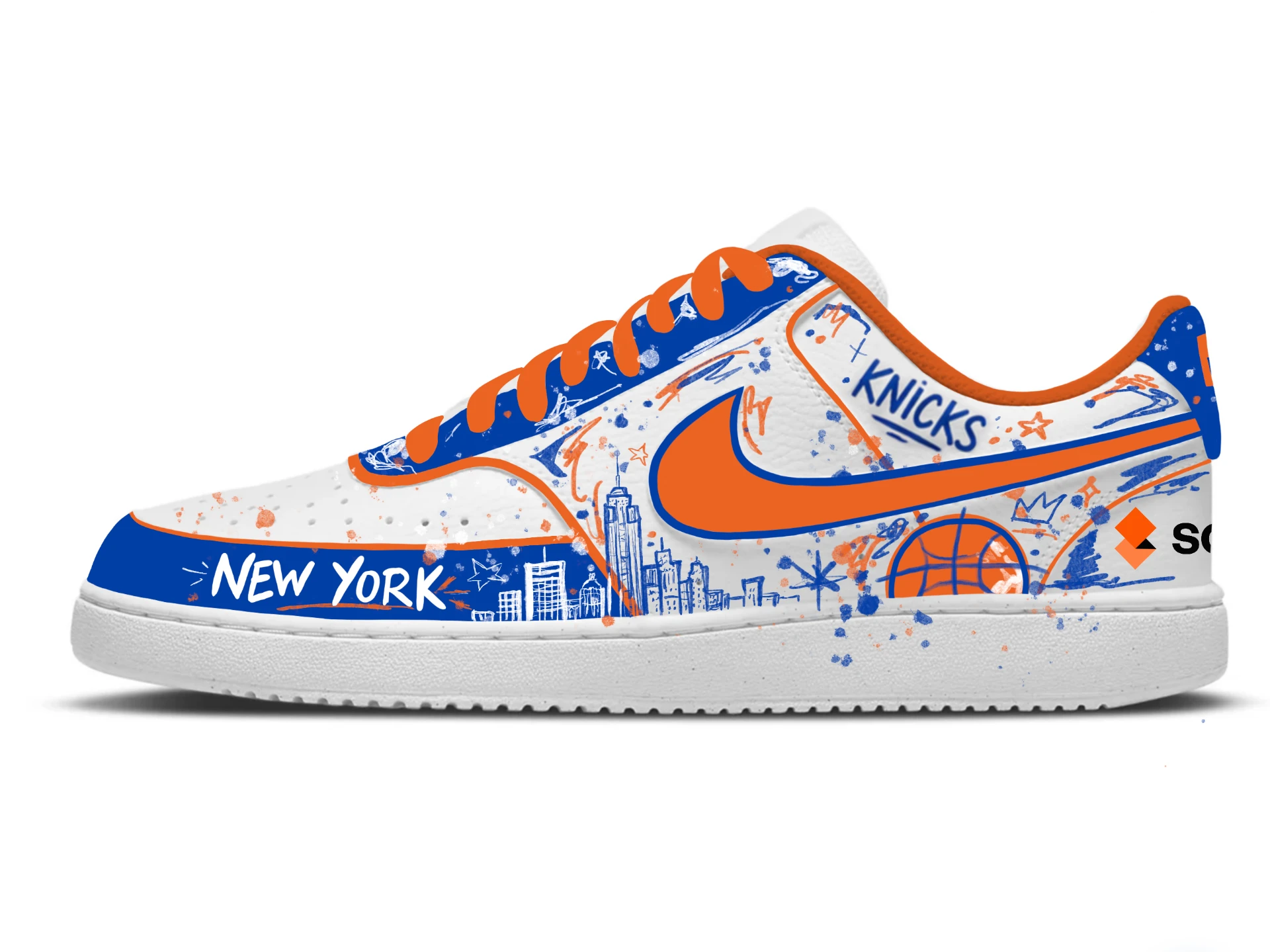 Custom hand-painted New York Knicks Nike sneaker with skyline artwork